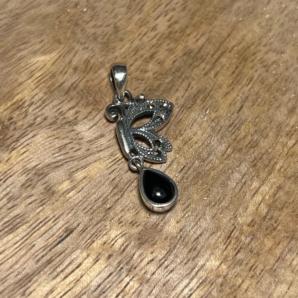 Marcasite Butterfly Black Onyx Dangle 925 Sterling Silver Pendant